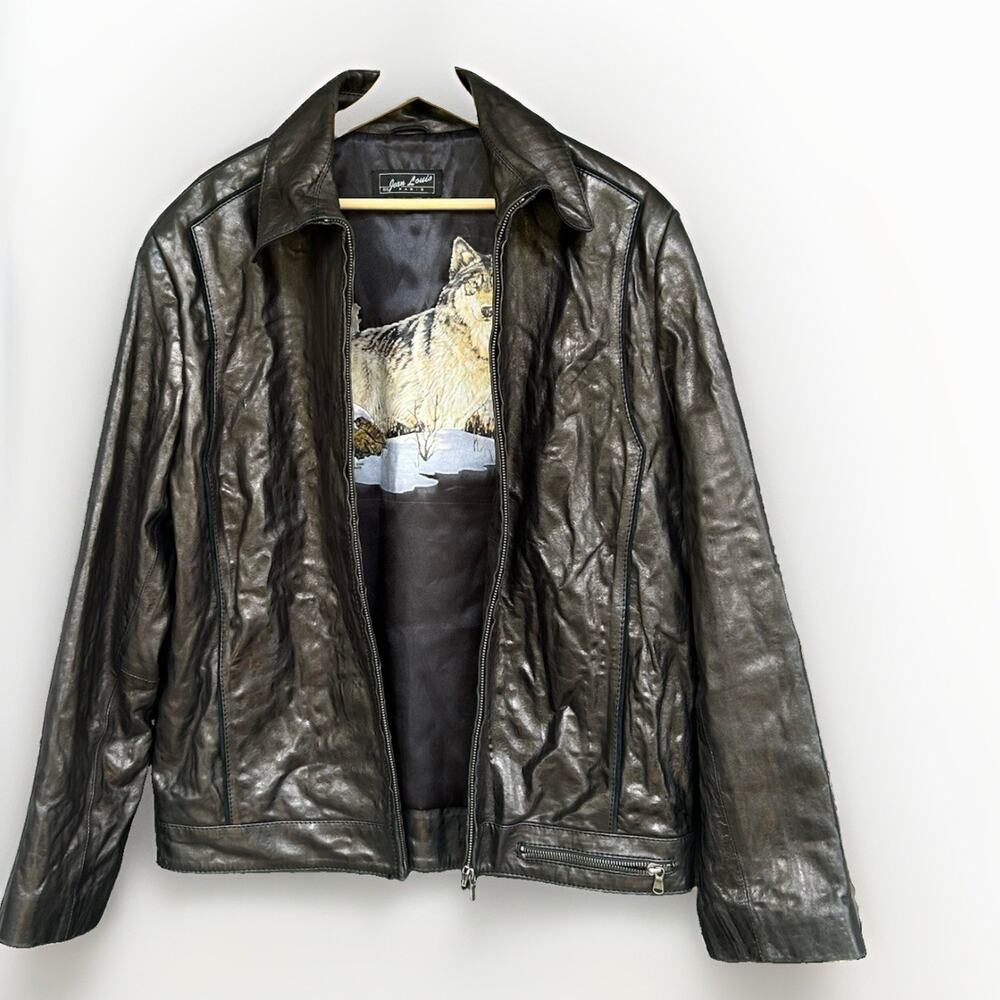 Jean Louis de Paris Leather Jacket Wolf Print Lining Women's Med Black VTG Y2K